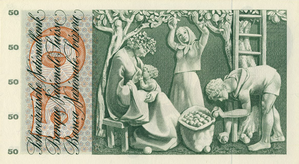ο Τέσσερα των Ράβδων στην Money Tarot/strong>Ελβετικό χαρτονόμισμα 50 φράγκων 1957. Tο χαρτονόμισμα χρονολογείται απο  07-07-1955 αλλά η κυκλοφορία ξεκίνησε από 14-06-1957. Απεικονίζει συγκομιδή μήλου (συμβολίζει τη γονιμότητα)